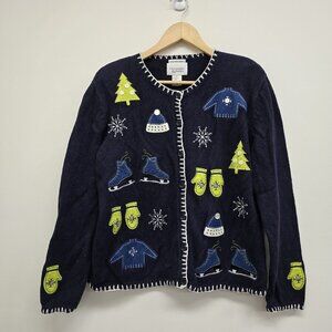 VTG Christopher Banks Hand Embroidered Cardigan Sweater Sz M Winter Gloves Hats